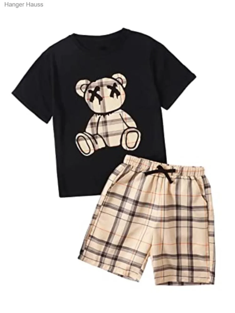 Toddler Boys Bear Print Tee with Plaid Shorts Set Cotton